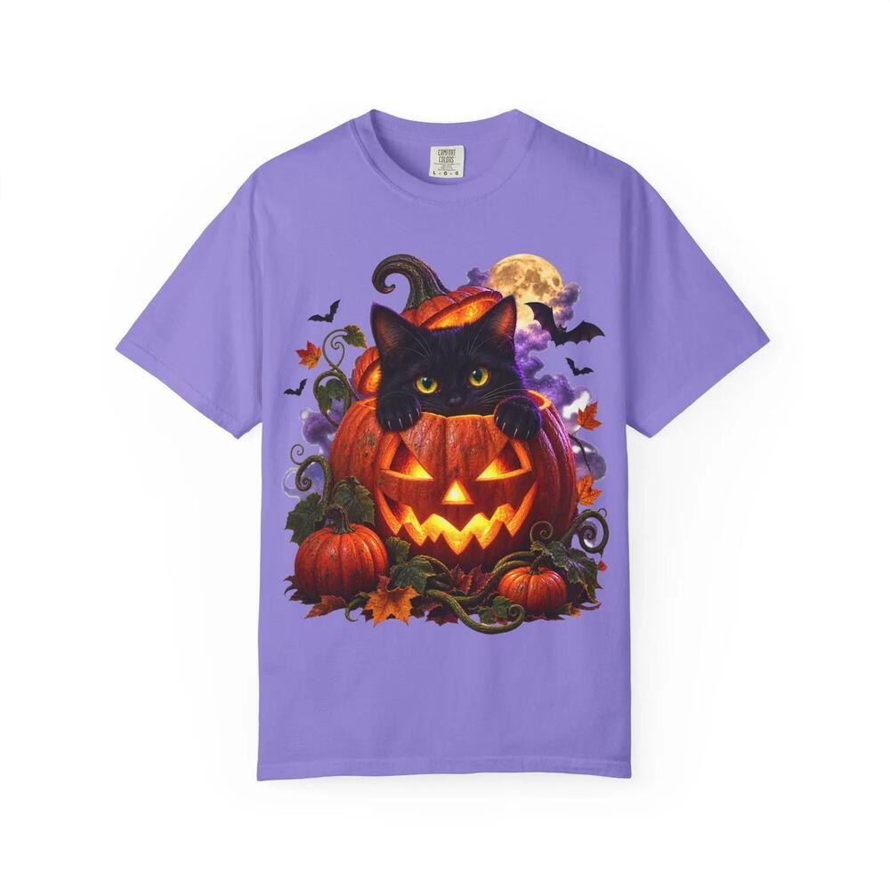 Black Cat Peeking From Jack-O-Lantern T-Shirt Halloween Pumpkin Cat Tee